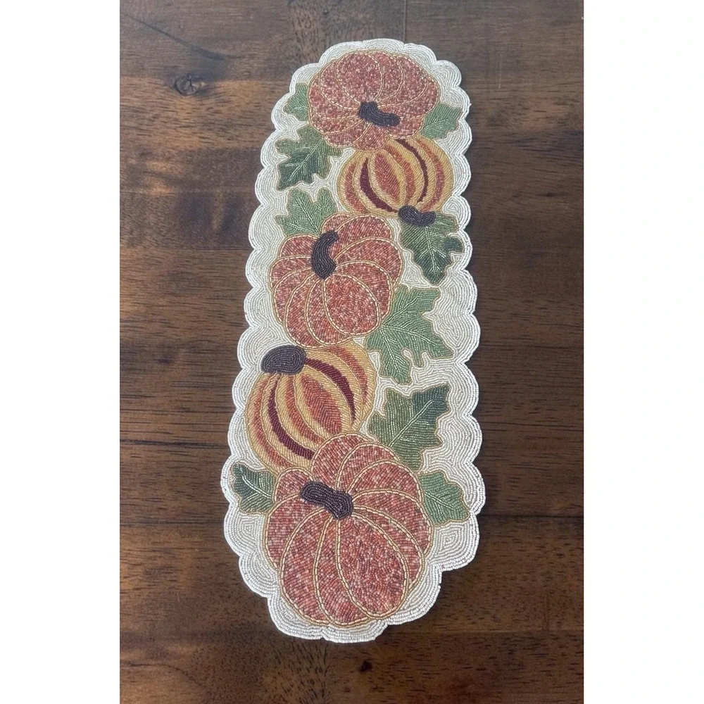 Heavy Pier 1 Fall Harvest Pumpkin Beaded Table Runner Thanksgiving Halloween 36